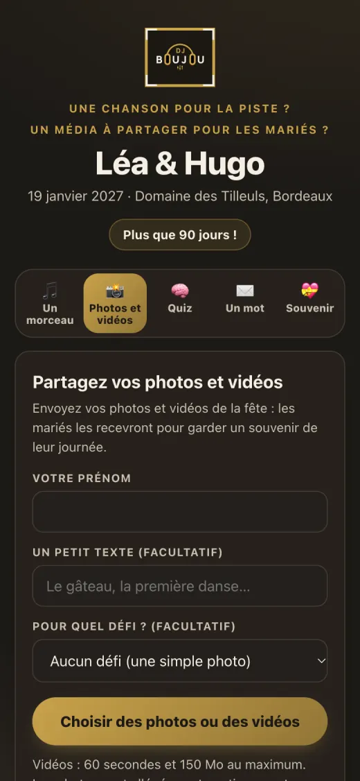 La page des invités : envoyer ses photos et vidéos