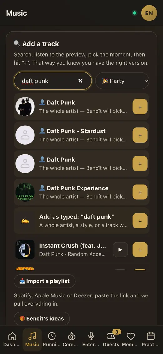Every song can be previewed and filed by moment