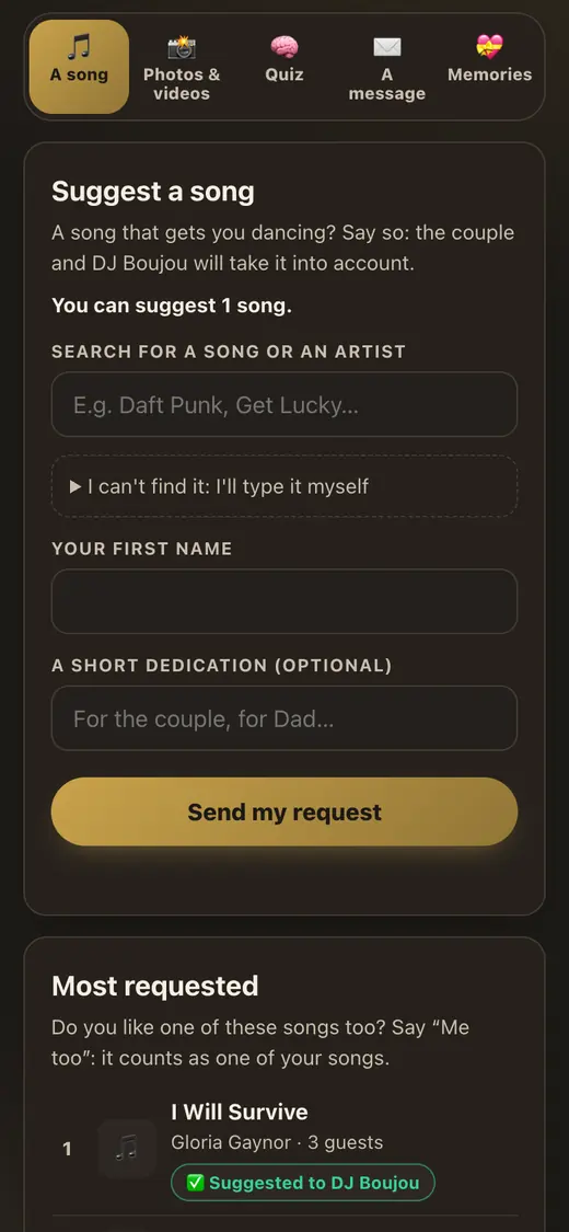 Your guests’ page: suggesting a song