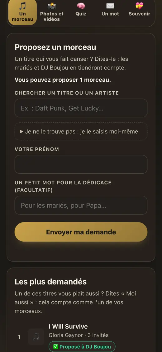 La page de vos invités : proposer un morceau